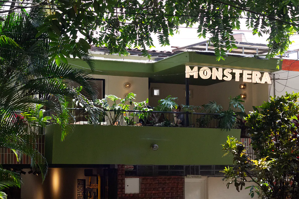 Fachada de Monstera con su aviso iluminado entre plantas y árboles